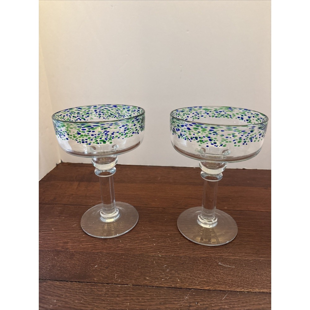 Mexican Hand Blown Confetti Sea Green /Blue Ocean Margarita Art Glasses Set Of 2